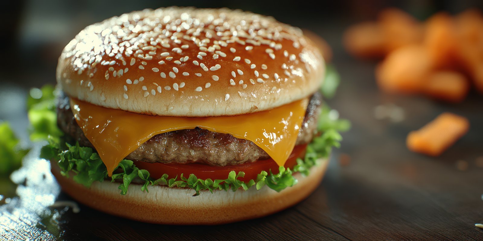 Juicy hamburger with melted cheese and fresh vegetables on a sesame seed bun served on rustic wooden table